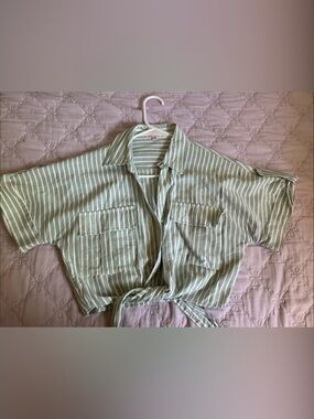 Mint Green and White Striped Tie-Front Shirt